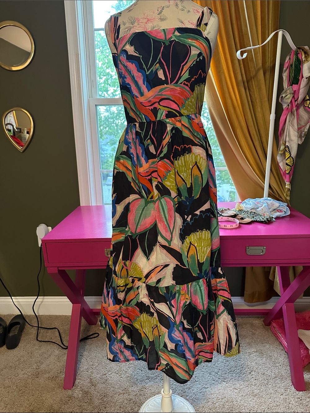Sleeveless Black Midi Dress with Pink & Green Floral Print